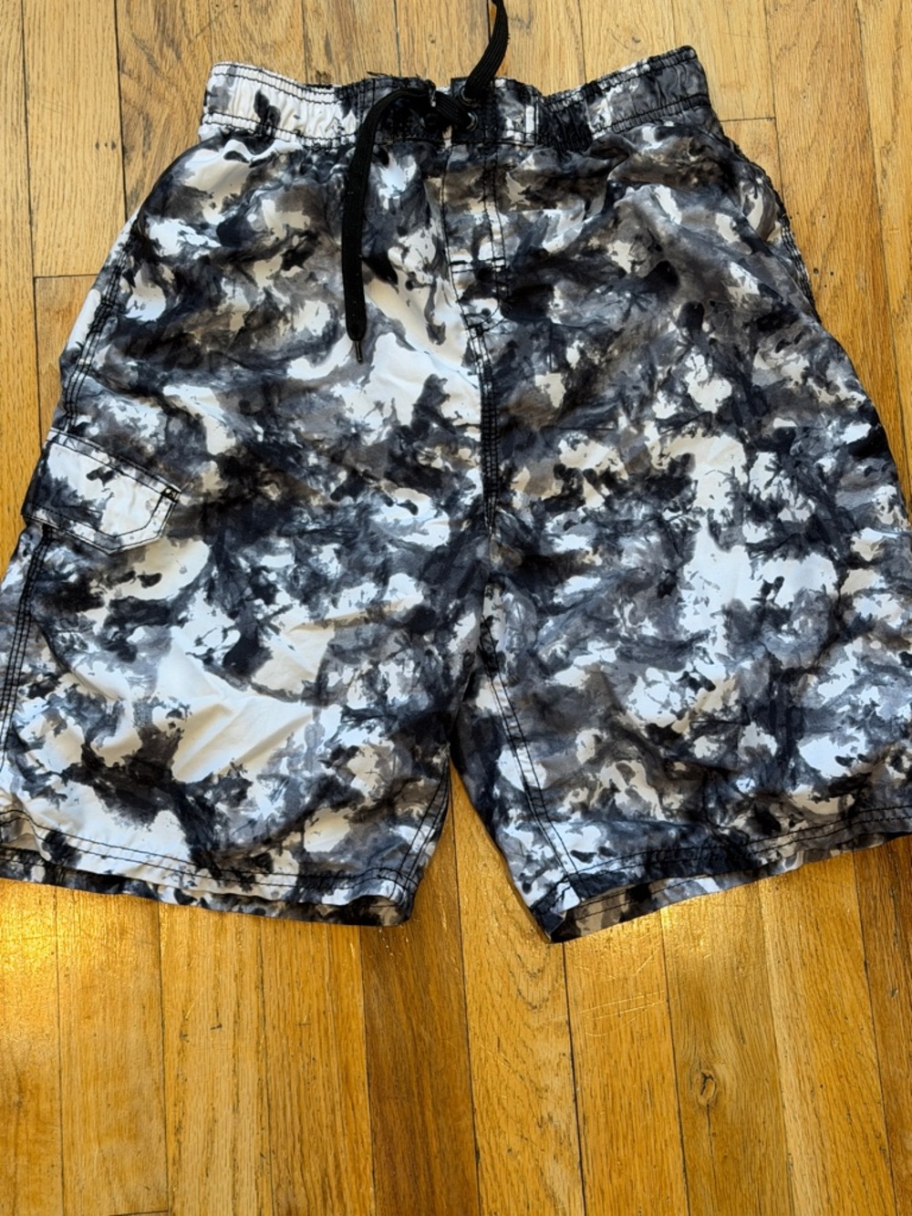 Kids Black & White Tie-Dye Swim Trunks